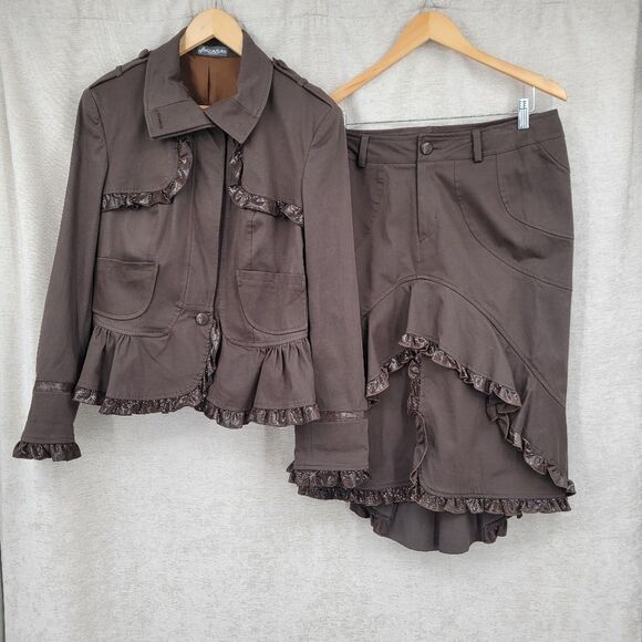 Italian Y2K Choclate Brown Ruffled Skirt and Blazer Set Steampunk Dark Academia - Picture 5 of 16